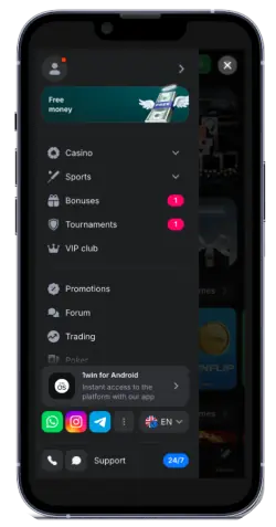 Screenshot of the menu in the 1win mobile app in India